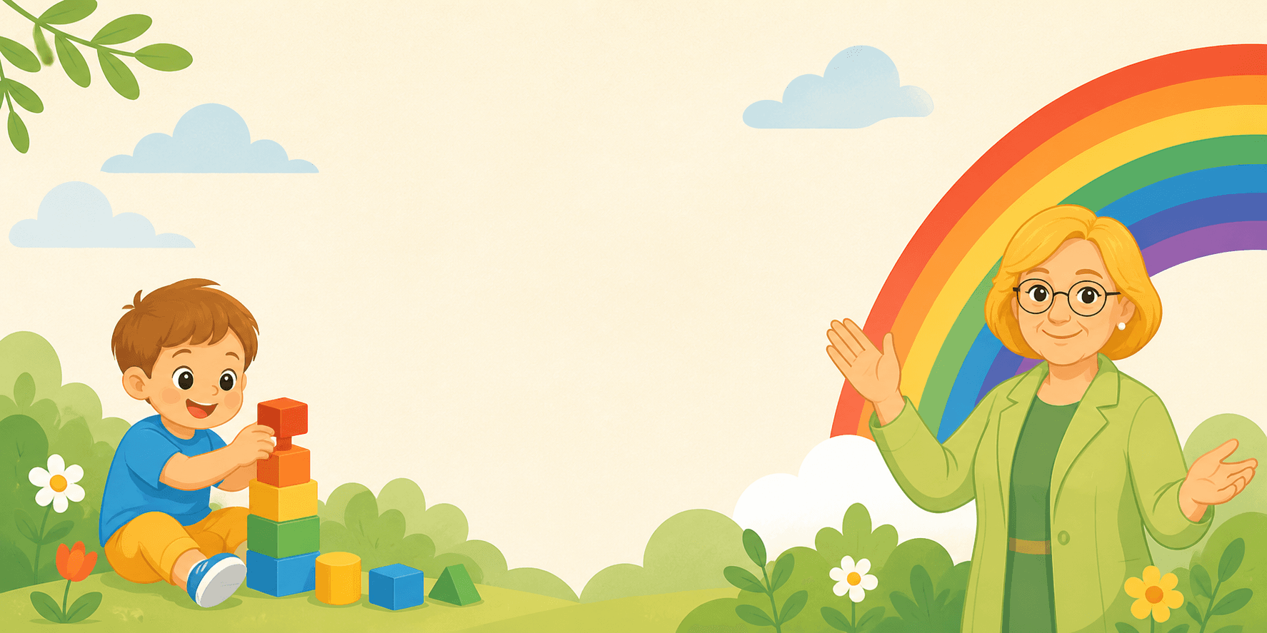 Enfant jouant avec des cubes, éducatrice et arc-en-ciel à sept couleurs